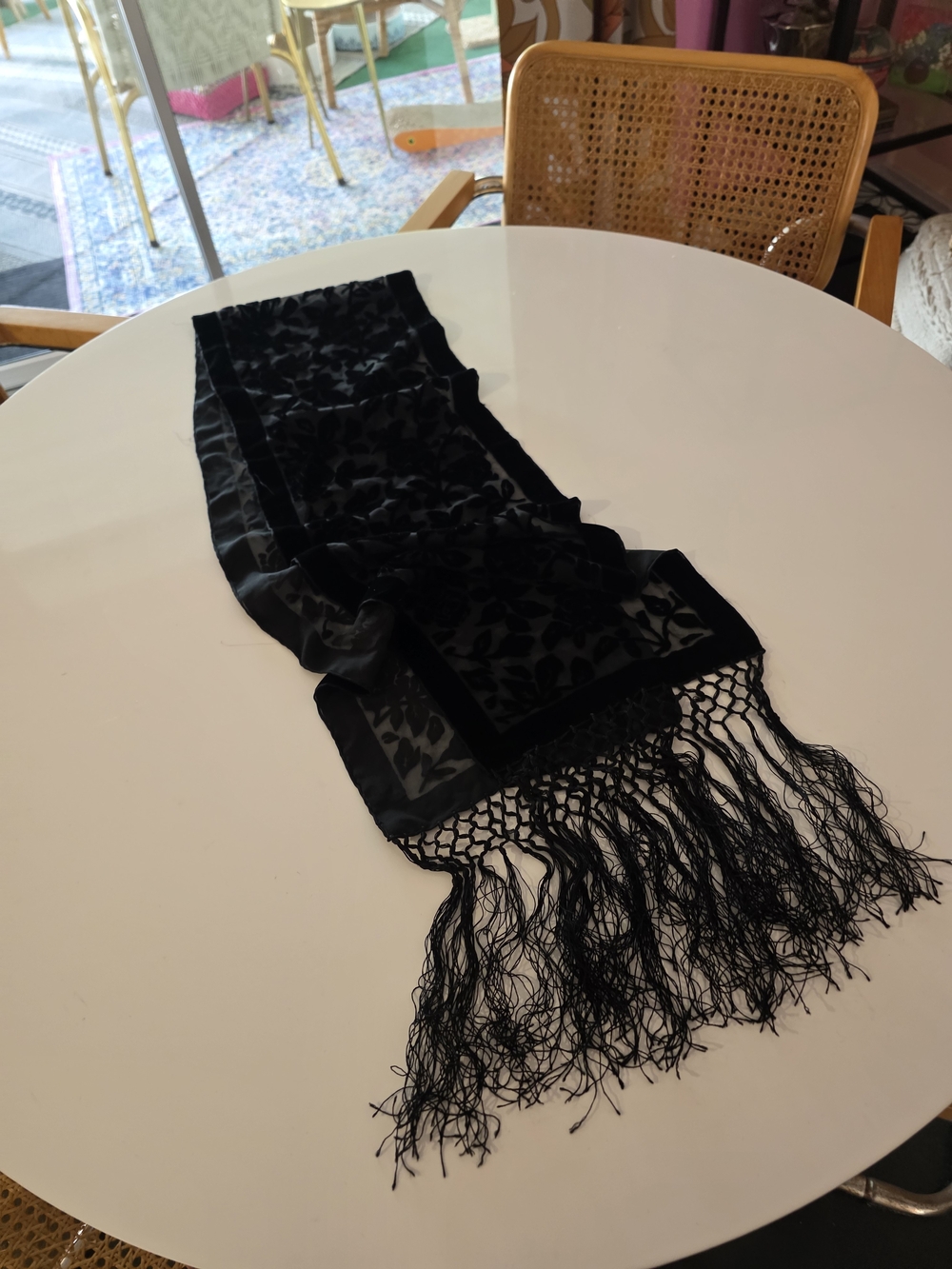 Vintage Black Fringe Scarf with Velvet Floral Motif